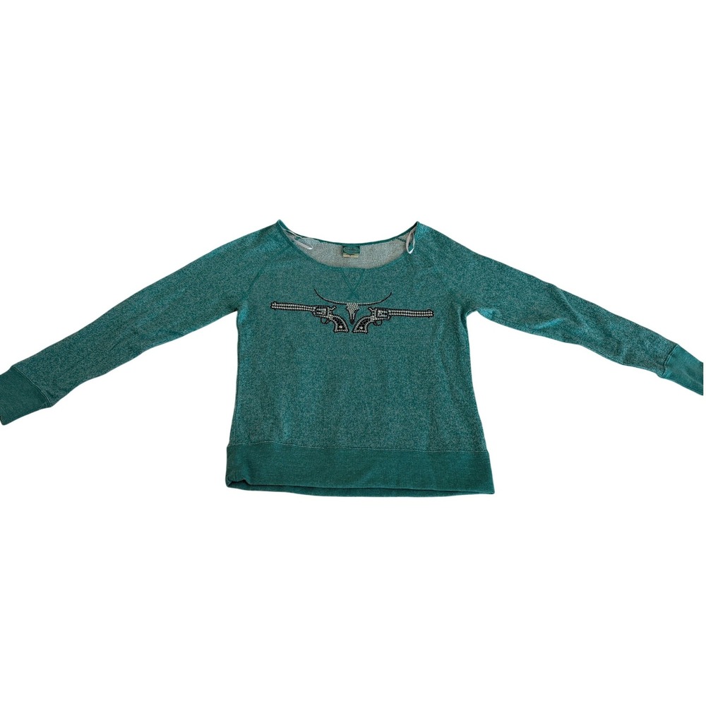 Cowgirl Hardware Teal Rhinestone Gun Longhorn Sweatshirt Womens Medium